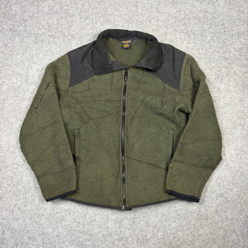 Woolrich Technowool Full Zip Jacket Mens Medium Olive Green Black Overlays